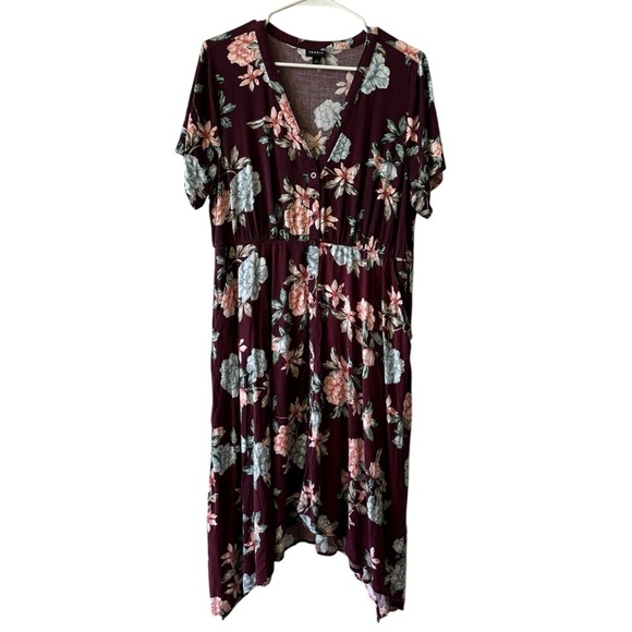 Torrid Burgundy and Pink Floral Challis Midi Shirt Dress Size 1 - Picture 5 of 11